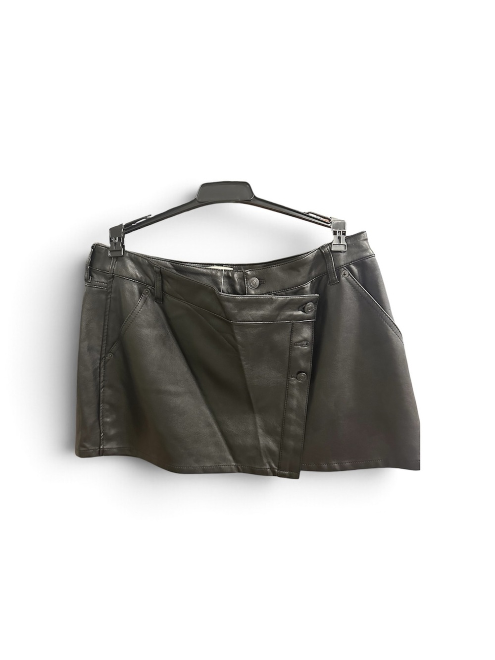 We The Free Black Faux Leather Asymmetrical Button Mini Skirt
